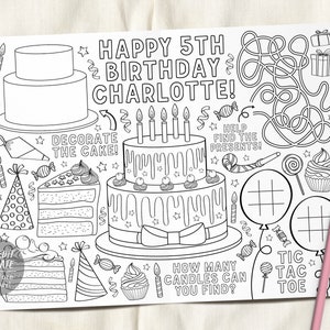 Birthday Party Coloring Placemat For Kids Editable Template, Birthday Cake Coloring Page Craft Activity Sheet Table Mat Printable Games