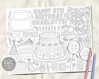 Birthday Party Coloring Placemat For Kids Editable Template, Birthday Cake Coloring Page Craft Activity Sheet Table Mat Printable Games