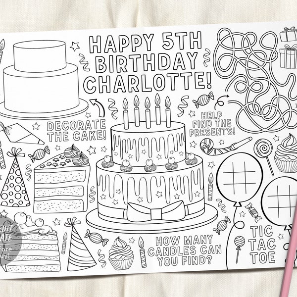 Birthday Party Coloring Placemat For Kids Editable Template, Birthday Cake Coloring Page Craft Activity Sheet Table Mat Printable Games