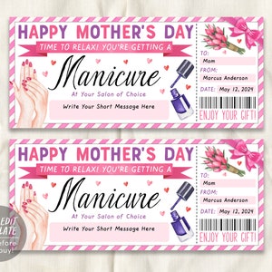 Modèle modifiable de billet de manucure pour la fête des mères, chèque-cadeau de Mani Pedi surprise d'anniversaire pour maman, bon de réduction pour salon de manucure et spa