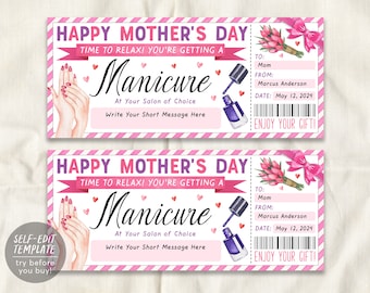 Modello modificabile biglietto manicure per la festa della mamma, certificato regalo Mani Pedi a sorpresa di compleanno per la mamma, rivelazione coupon voucher spa per salone di bellezza