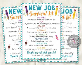 May include: A rectangular New Job Survival Kit card with a teal striped border. The text lists items like marker, pen, eraser, notepad, sanitizer, peppermint, chocolate, and tea bag with descriptions. It includes illustrations of stationery.