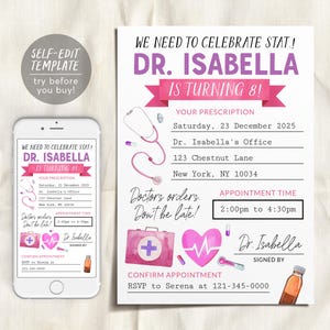 Medical Themed Birthday Invitation Editable Template, Kids Girl Doctor Prescription Rx Party Invite, Pretend Dr. Hospital Nurse Note Evite