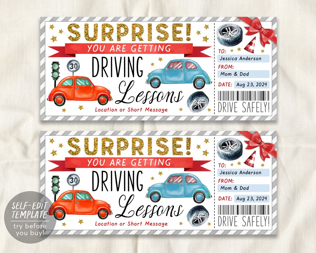 Driving Lessons Gift Certificate Editable Template, Surprise Driving