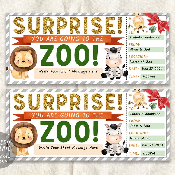 Zoo Ticket Editable Template, Surprise Birthday Gift For Kids, Zoo Membership Holiday Present, Safari Day Trip Animal Park Gift Certificate