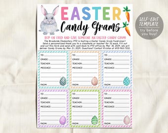 May include: A printable Easter Candy Grams fundraiser form featuring a watercolour rabbit, carrots, and six fillable sections with lines for to, grade, teacher, message, and from, decorated with colourful patterned borders and small Easter eggs.
