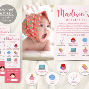 Editable Girl Doljabi Board Sign Template With Photo, Doljanchi Korean Baby Girl First Birthday, Doljabi Raffle Tickets, Dol Decor