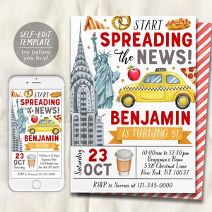 May include: A birthday invitation template featuring New York City icons including the Statue of Liberty, a yellow taxi, a skyscraper, a pretzel, a hot dog, and a slice of pizza. Text reads: START SPREADING THE NEWS! BENJAMIN IS TURNING 5!