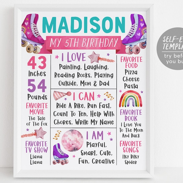 Roller Skating Birthday Milestone Sign Editable Template, Roller Skate Disco Ball Dance Party Stat Poster Rollerskating Rink One Year Board