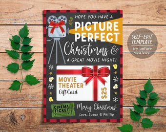 May include: A rectangular Christmas movie night invitation template with a black chalkboard background and red buffalo plaid border. It features a film projector, a gift card graphic with a red bow, and text reading Picture Perfect Christmas.