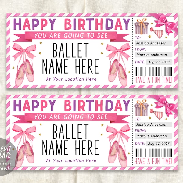 Ballet Gift Ticket Editable Template, Birthday Ballet Performance Theatre Gift Certificate Voucher, Last Minute Gift For Dance Lovers