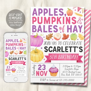 May include: A printable invitation for a 5th birthday party with a fall theme. The invitation features a pink and white striped background with a watercolor illustration of apples, pumpkins, and bales of hay. The text on the invitation reads "Apples, Pumpkins & Bales of Hay" and "Join us to celebrate Scarlett's 5th Birthday!" The invitation also includes the date, time, and location of the party.