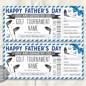 Fathers Day Golf Tournament Gift Ticket Editable Template, Golfing Golf Tour Sports Game Ticket For Dad Voucher For Golfers Gift Certificate