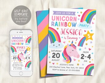 May include: A party invitation template featuring a pink unicorn, colourful rainbows, clouds, and stars. The text reads: Join us for a Unicorn Rainbow Party, Jessica is turning 5, Saturday 20 August, from 2-4 PM, at 333 Chestnut Lane, New York.