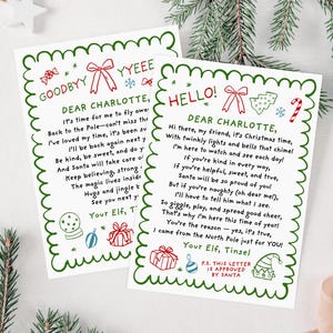 May include: Two Christmas-themed letters with green scalloped borders. One says "Goodbye" and the other says "Hello!" Both letters are addressed to "Dear Charlotte" and feature festive illustrations and handwritten text from an elf.