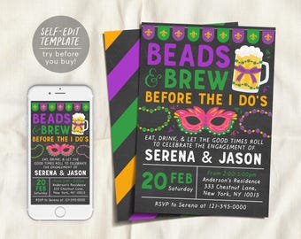 Bearbeitbare Vorlage für Einladungen zur Verlobungsfeier im Mardi-Gras-Stil, Einladung zur Brautparty mit Perlen und Bier (auch als E-Einladung erhältlich), Fetter Dienstag