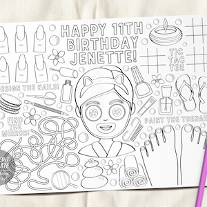 Spa Party Coloring Placemat Tweens Editable Template Pamper Manicure Birthday Coloring Page Craft Activity Sheet Table Mat Printable Games