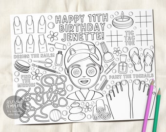 Spa Party Coloring Placemat Tweens Editable Template Pamper Manicure Birthday Coloring Page Craft Activity Sheet Table Mat Printable Games