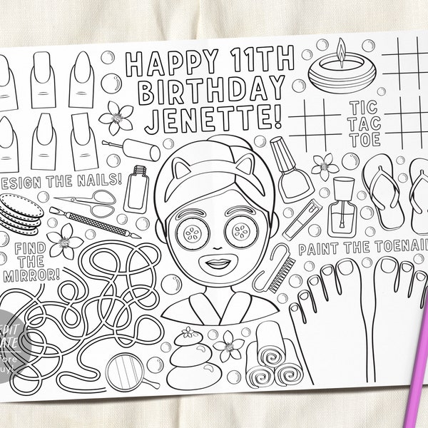 Spa Party Coloring Placemat Tweens Editable Template Pamper Manicure Birthday Coloring Page Craft Activity Sheet Table Mat Printable Games