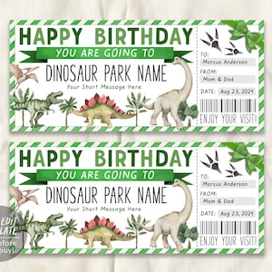 Plantilla editable de entrada al parque de dinosaurios, vale de membresía del museo de dinosaurios sorpresa de cumpleaños para niños, certificado de regalo de excursión de un día al parque temático