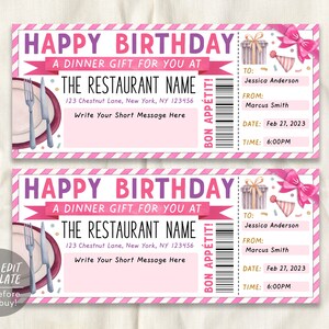 Geburtstags-Restaurant-Geschenkgutschein-bearbeitbare Vorlage, Überraschungs-Abendessen-Datum-Geschenkgutschein einladen für sie druckbare, Abendessen-Abenteuer-Gutschein