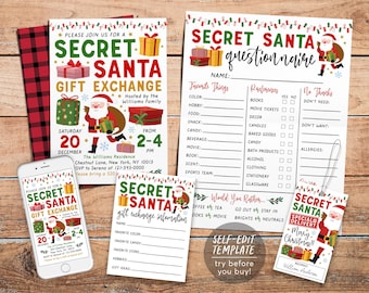 May include: A Secret Santa gift exchange invitation, questionnaire, information card, and gift tag featuring Santa Claus, wrapped presents, and string lights. A smartphone displays the invitation, and a red plaid envelope is visible.