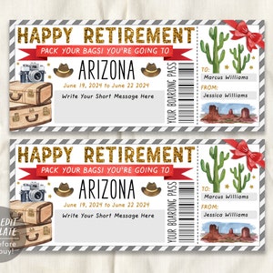 Retirement Arizona Trip Ticket Boarding Pass Editable Template, Surprise Travel Airline Gift Certificate Trip Reveal For Retiree Printable