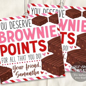 Valentine&#39;s Day Brownie Favor Tags Editable Template, You Deserve Brownie Points, Employee Volunteer Friend Staff Thank You Appreciation Tag