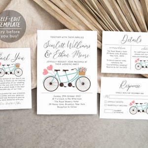 Bearbeitbare Tandem-Fahrrad-Hochzeitseinladungs-Vorlage, Fahrrad-Hochzeitseinladungen zum Ausdrucken, rustikale Hochzeit, RSVP-Karte, Dankeskarte