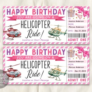 Helicopter Ride Ticket Gift Certificate Editable Template, Surprise Birthday Helicopter Experience Gift Voucher For Her Holiday Coupon