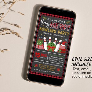 Holiday Bowling Party Invitation Editable Template, Christmas Xmas Company Staff Work Party Invite, Games Flannel Plaid Retro Buffalo Rustic image 3