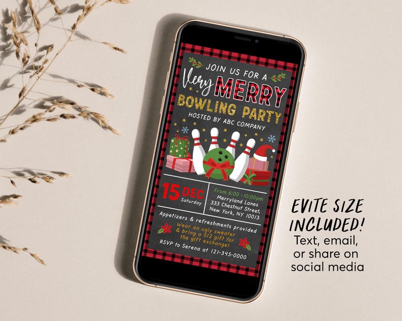 Holiday Bowling Party Invitation Editable Template, Christmas Xmas Company Staff Work Party Invite, Games Flannel Plaid Retro Buffalo Rustic image 3
