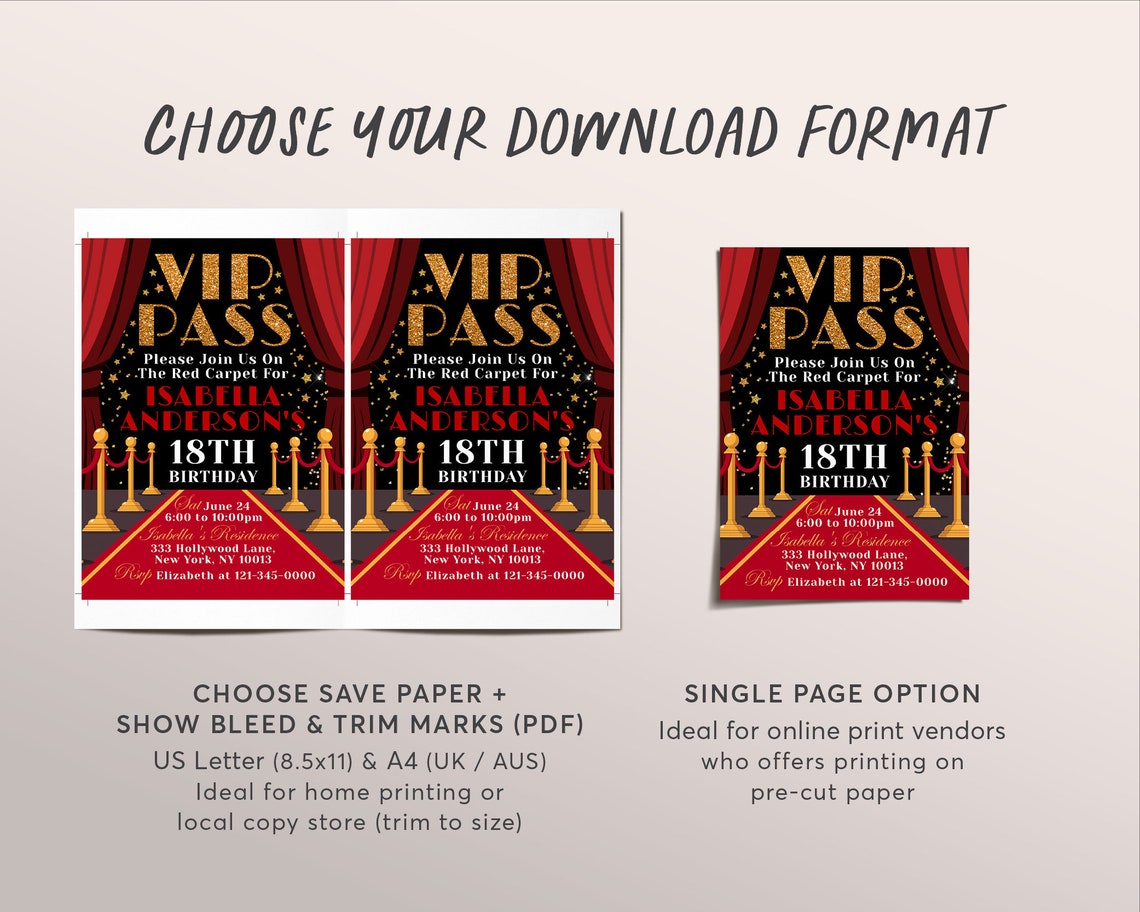 VIP Pass Birthday Invitation Editable Template, Hollywood Red Carpet ...