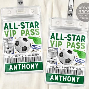May include: Two printable, customizable, green and white VIP pass templates for a soccer-themed birthday party. The text on the passes reads "All-Star VIP Pass" and "William's 9th Birthday".