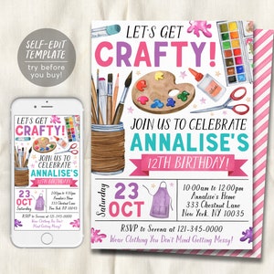 Handwerk Geburtstagsfeier Einladung bearbeitbare Vorlage, Kunst und Handwerk lässt erstellen einladen, Handwerk Thema Evite, Malen Lets Get Crafty