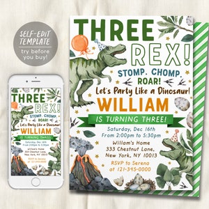 3 レックス恐竜の誕生日招待状編集可能なテンプレート、T レックス恐竜男の子 3 歳の誕生日パーティー招待状 Evite、ティラノサウルス ジュラシック パーティー