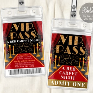 VIP-Pass für Abschlussball-Schultanz-bearbeitbare Vorlage, Einladung zum roten Teppich, Heimkehr-Hollywood-Party-VIP-Abzeichen, VIP-Beilage für Lanyard-Karte