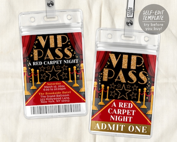 VIP Pass for Prom School Dance Editable Template, Red Carpet Invitation, Homecoming Hollywood Party VIP Badge, VIP Insert for Lanyard Ticket