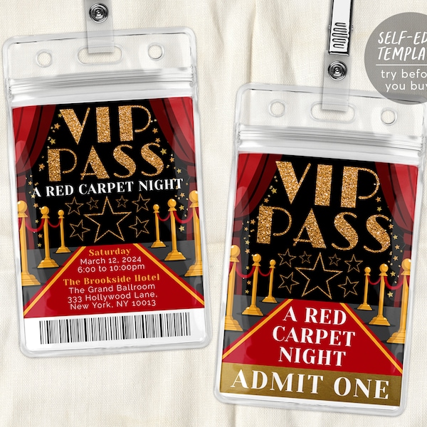 VIP Pass for Prom School Dance Editable Template, Red Carpet Invitation, Homecoming Hollywood Party VIP Badge, VIP Insert for Lanyard Ticket