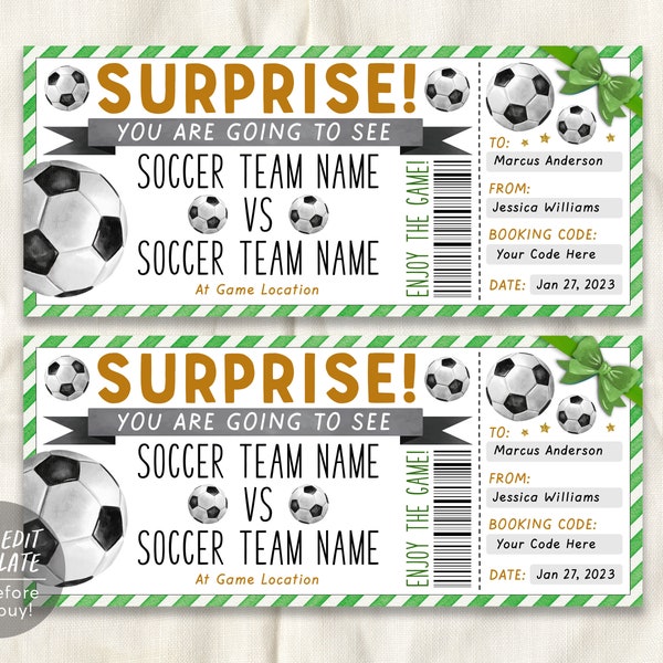 Soccer Game Gift Ticket Editable Template, Surprise Football Game Ticket, Soccer Lover Voucher Gift Certificate Coupon, Last Minute Gift