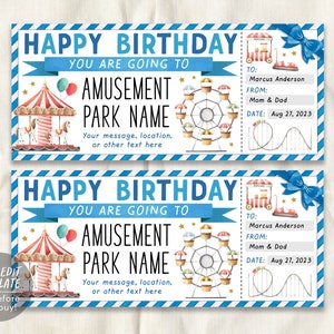 Amusement Park Ticket Editable Template, Surprise Birthday Theme Park Gift Voucher For Kids, Carnival Day Trip Gift Certificate Last Minute