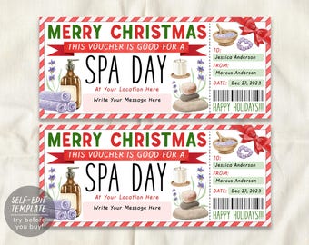 May include: A printable Christmas spa day gift voucher template featuring red and green text, a red ribbon, lavender sprigs, stacked stones, a candle, and a bottle of lotion. The voucher includes fields for names, a date, and a message.