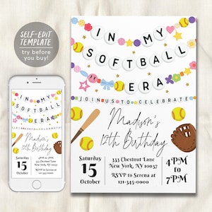 May include: A printable invitation for a 12th birthday party with a softball theme. The invitation is decorated with colorful softball-themed graphics and text that reads "Join us to celebrate Madison's 12th Birthday". The invitation includes the date, time, and location of the party.