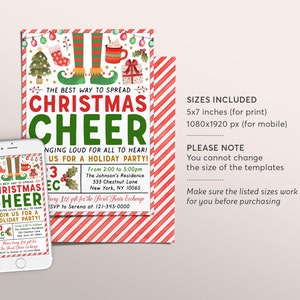 Modèle modifiable d'invitation de fête de Noël elfe, fête d'acclamation de Noël pour enfants et adultes, invitation secrète de fête d'échange de cadeau de vacances de père Noël image 2