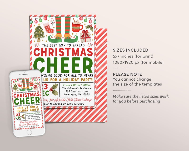 Modèle modifiable d'invitation de fête de Noël elfe, fête d'acclamation de Noël pour enfants et adultes, invitation secrète de fête d'échange de cadeau de vacances de père Noël image 2