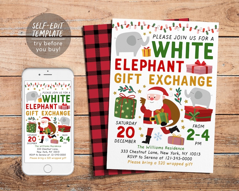 White Elephant Gift Exchange Invitation Editable Template Etsy