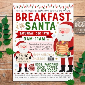 Breakfast with Santa Flyer Editable Template, Pancakes with Santa Invitation, Kids Christmas Party Holiday Invite, Church School PTO PTA