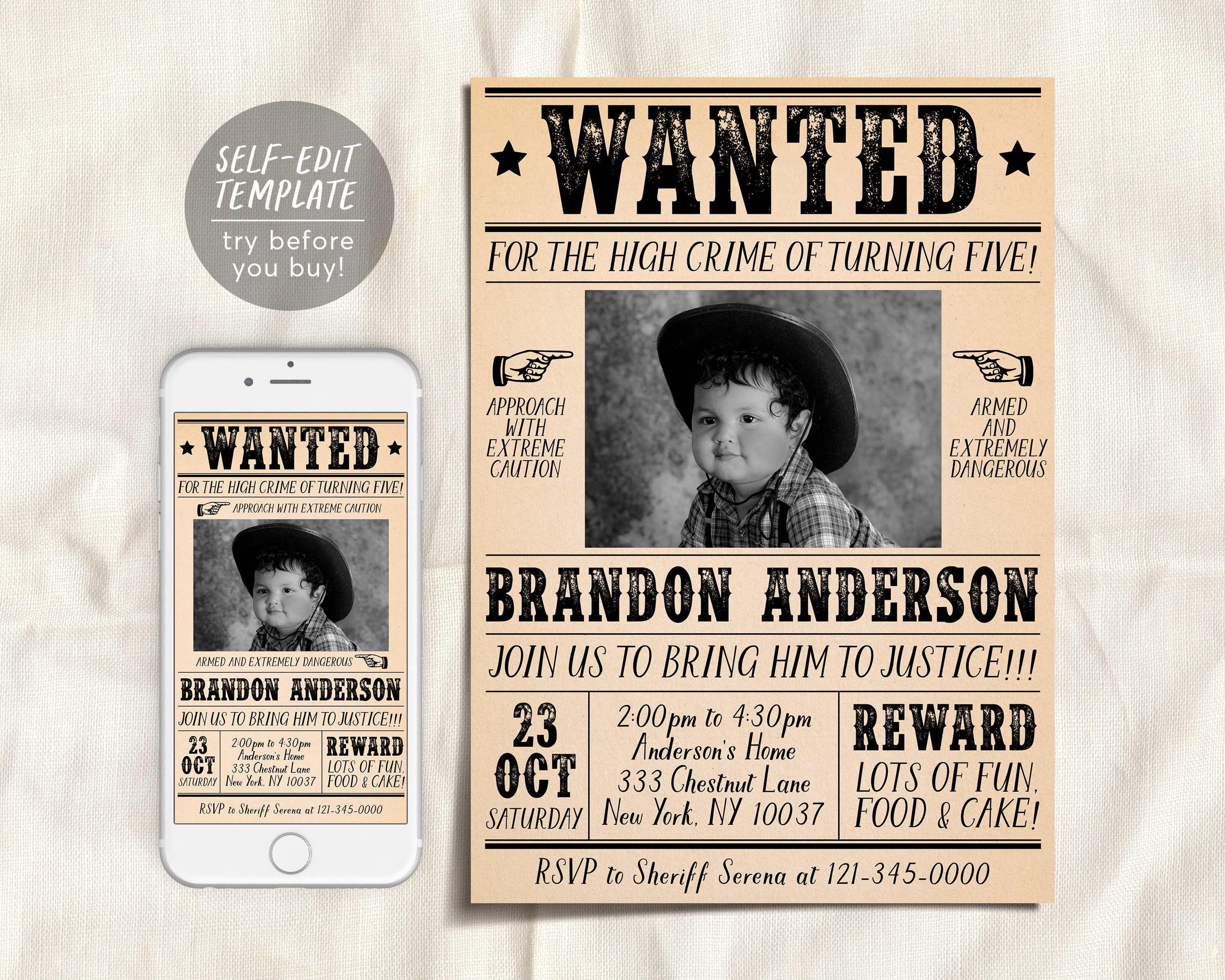 Wanted Poster Invitation With Photo Editable Template, Cowboy Cowgirl Western Outlaw Birthday Party Invite, Wild West Southwestern Evite