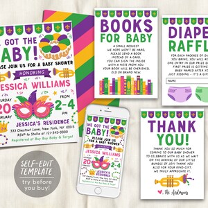 May include: A collection of baby shower invitations and coordinating cards in a Mardi Gras theme. The invitation features text "We Got The Baby!" and details. Other cards include "Books for Baby", "Diaper Raffle", and "Thank You!" with matching graphics.