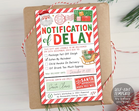 Late Christmas Gift Letter from Santa Editable Template, Delayed Christmas Package Notice Printable, Missing Christmas Present Official